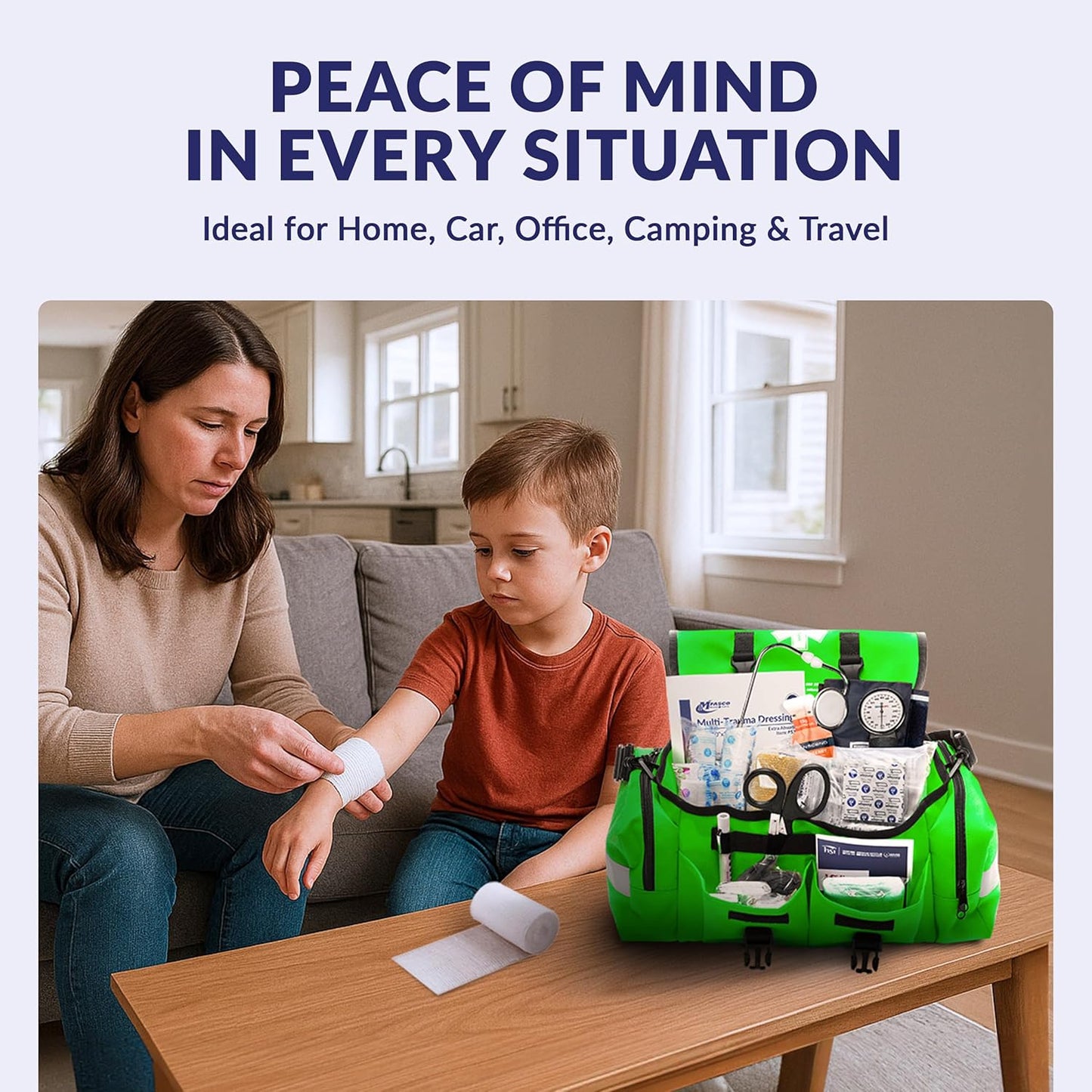 First Aid Kit - Fully Stocked Portable Reflective Bag -First Responder Emergency Response Kit-for Natural Disaster Preparedness-Customizable Storage-Includes 415 Pcs First Aid Supplies - Lime Green