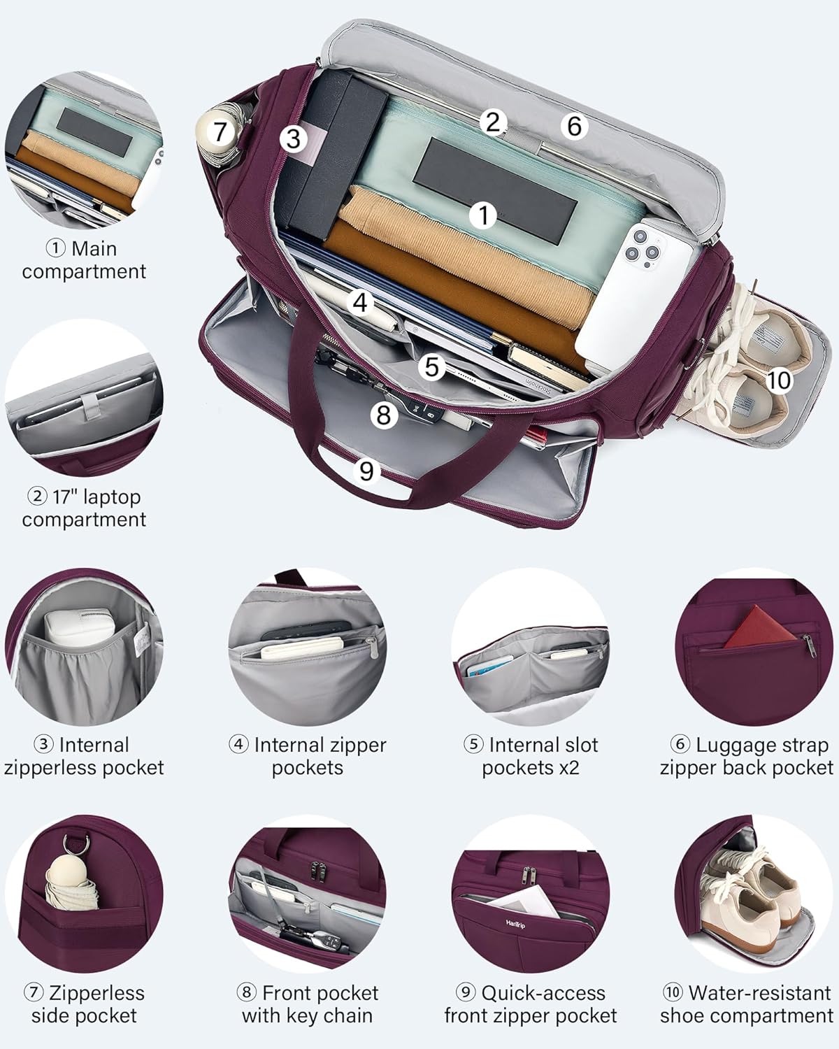 Carry on Duffel Bag Foldable Duffle Bags for Travel, Large Personal Item Bags for Airplanes, Weekender Overnight Mens Travel Tote Bag for Women Softside Carry on Luggage (Purple)