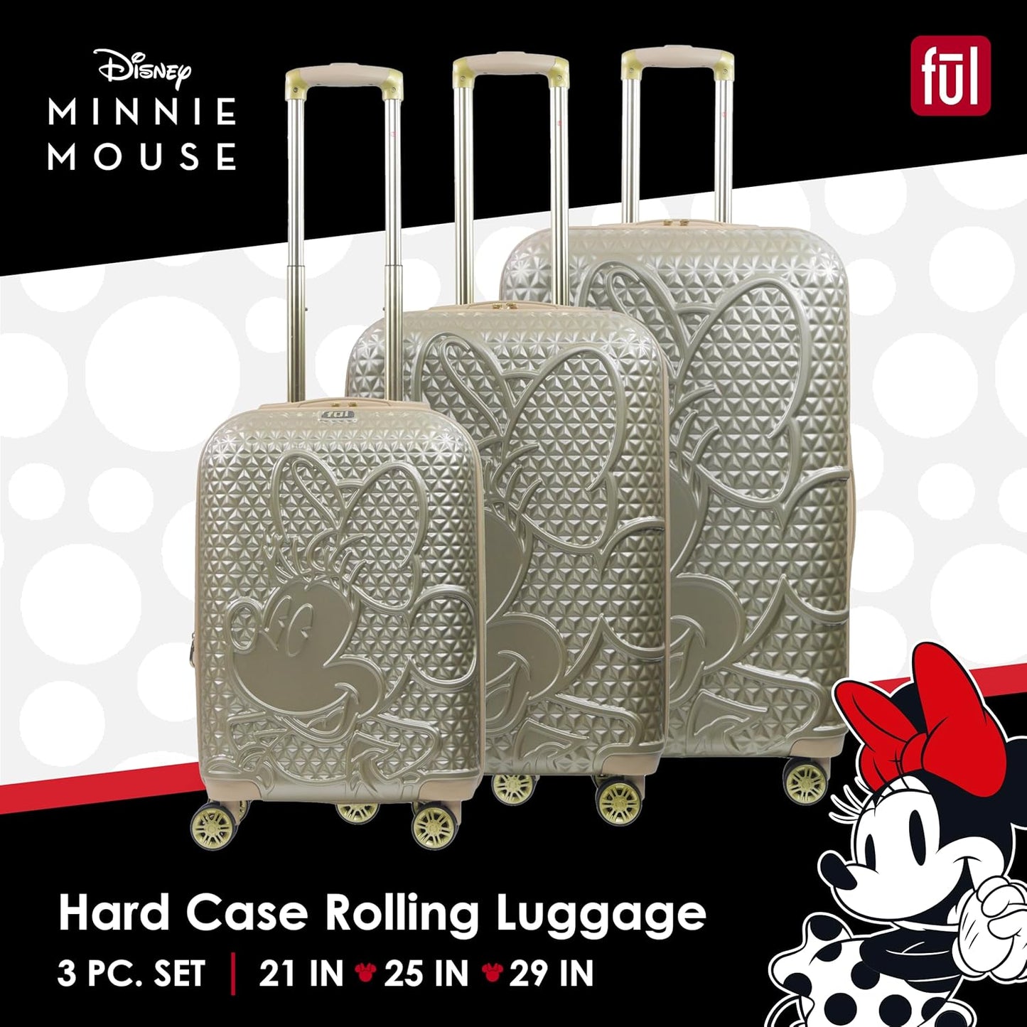 FUL Disney Rolling Luggage, Textured Hardshell Suitcase with Wheels, Minnie Mouse-Taupe, 3 Piece Set