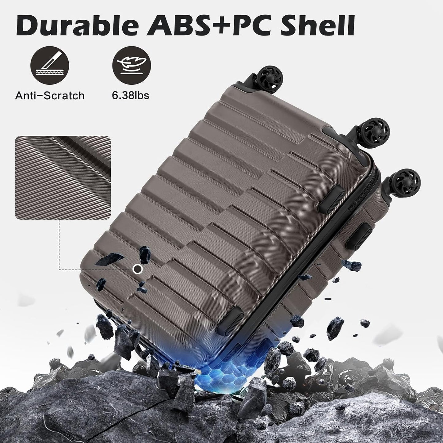 Coolife Carry On Luggage Airline Approved with Wheels Hard Shell Suitcase Spinner TSA Lock Telescopic Handle 20-inch,Gray