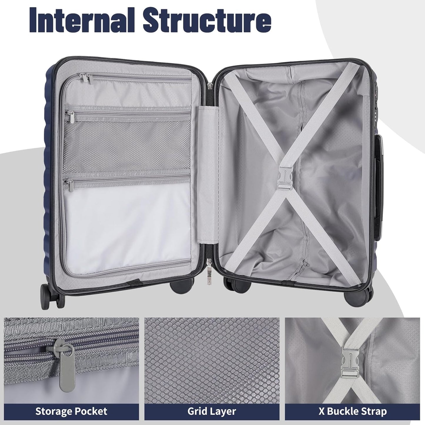 Lightweight Luggage with Spinner Wheels & YKK Zipper, 3-Piece Suitcase ABS+PC Hardside Hard Shell Luggage Sets with TSA Lock for Men, Dark Navy Blue (20+24+28 inch)