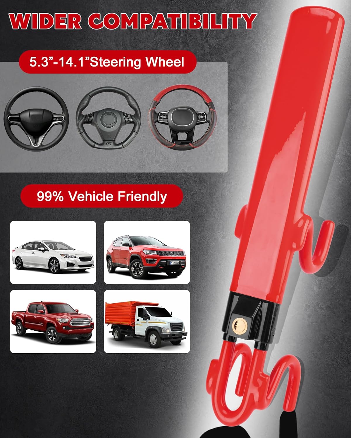 Tevlaphee Steering Wheel Lock Anti-Theft Car Device Heavy Duty Security Car Lock Antitheft Locking Devices Great Deterrent Adjustable Car Wheel Lock Anti Theft for Vehicle Truck SUV with 3 Keys (Red)