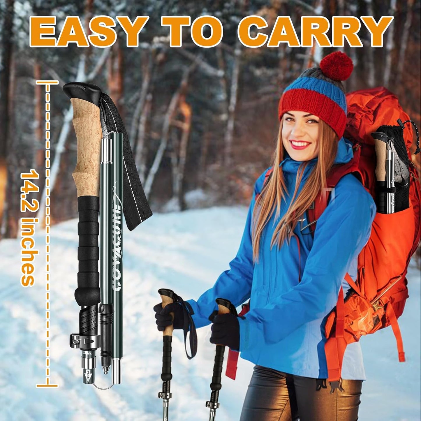 COVACURE Walking Sticks - Trekking Poles with Anti-Shock Tips, Lightweight & Foldable Collapsible Hiking Poles for Snow Trails & Mountain Climbs, Durable Trekking Gear for Men and Women