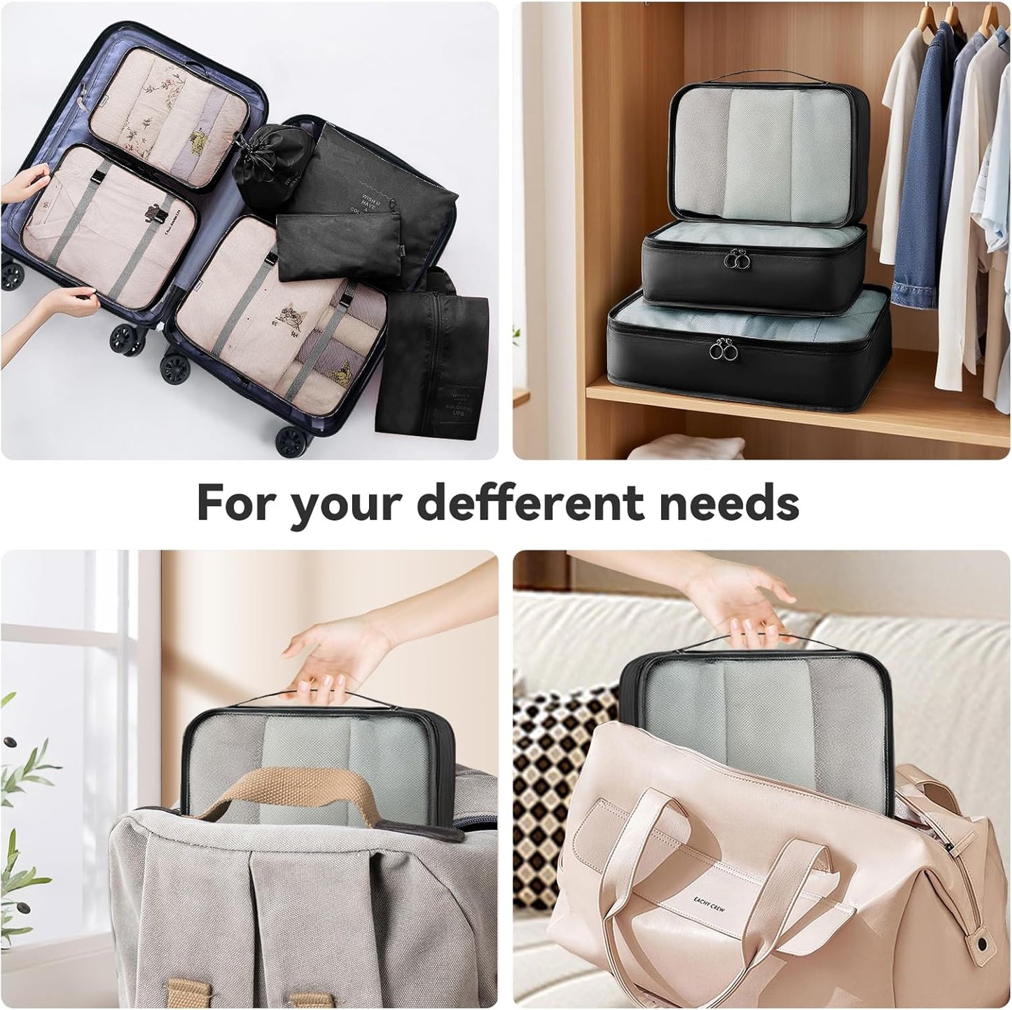 AnyZip Luggage Sets 10 Piece Hardshell Suitcase Set PC ABS Lightweight Travel Suitcases with 4 Double Spinner Wheels TSA Lock 20 24 28 Inch with 7 Storage Bags Black