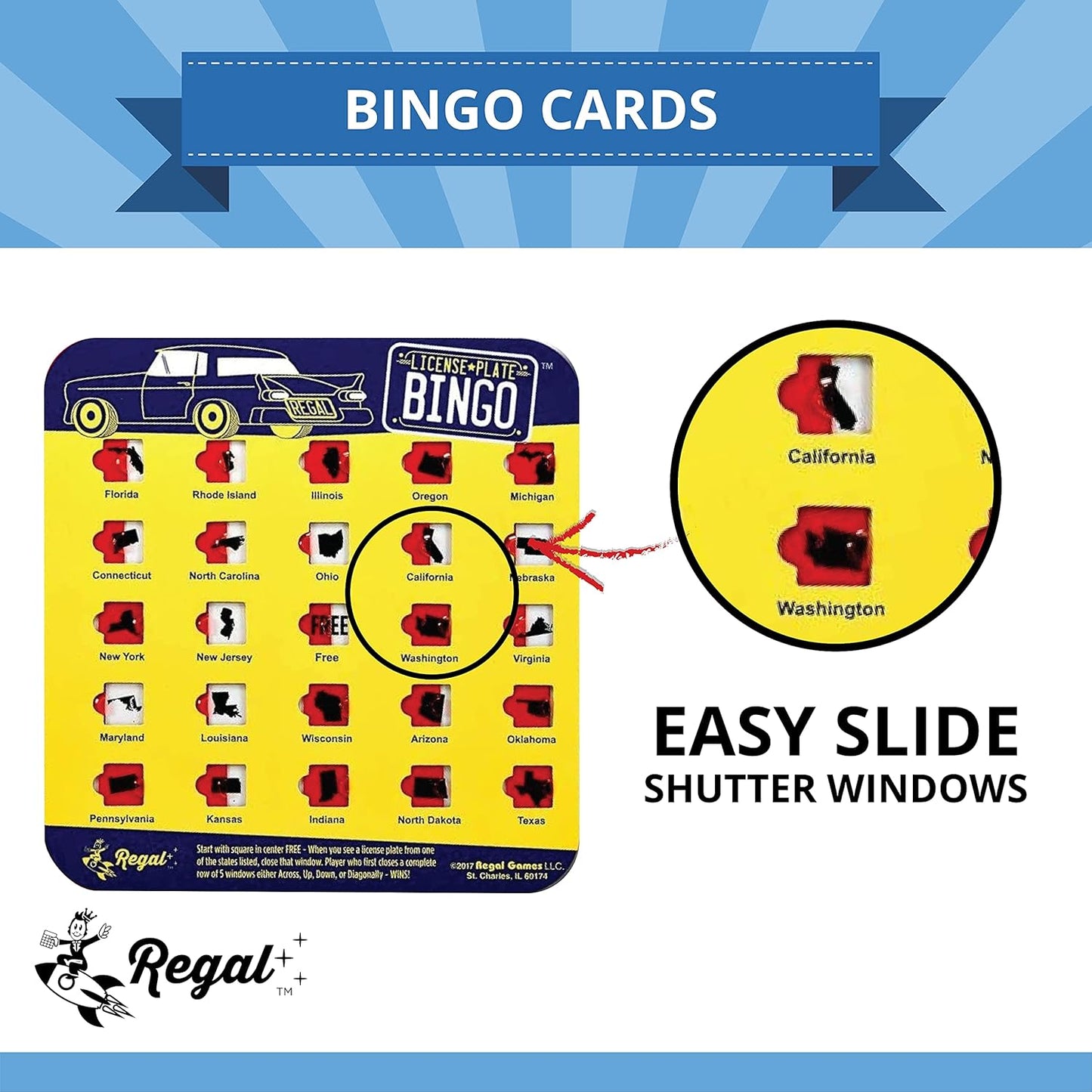 Regal Games Finger-Tip Shutter Bingo Cards with Sliding Windows - License Plate & Travel Bingo Game Set for Adults & Kids - Reusable, No Chips & Daubers Needed - 4 Packs - Yellow