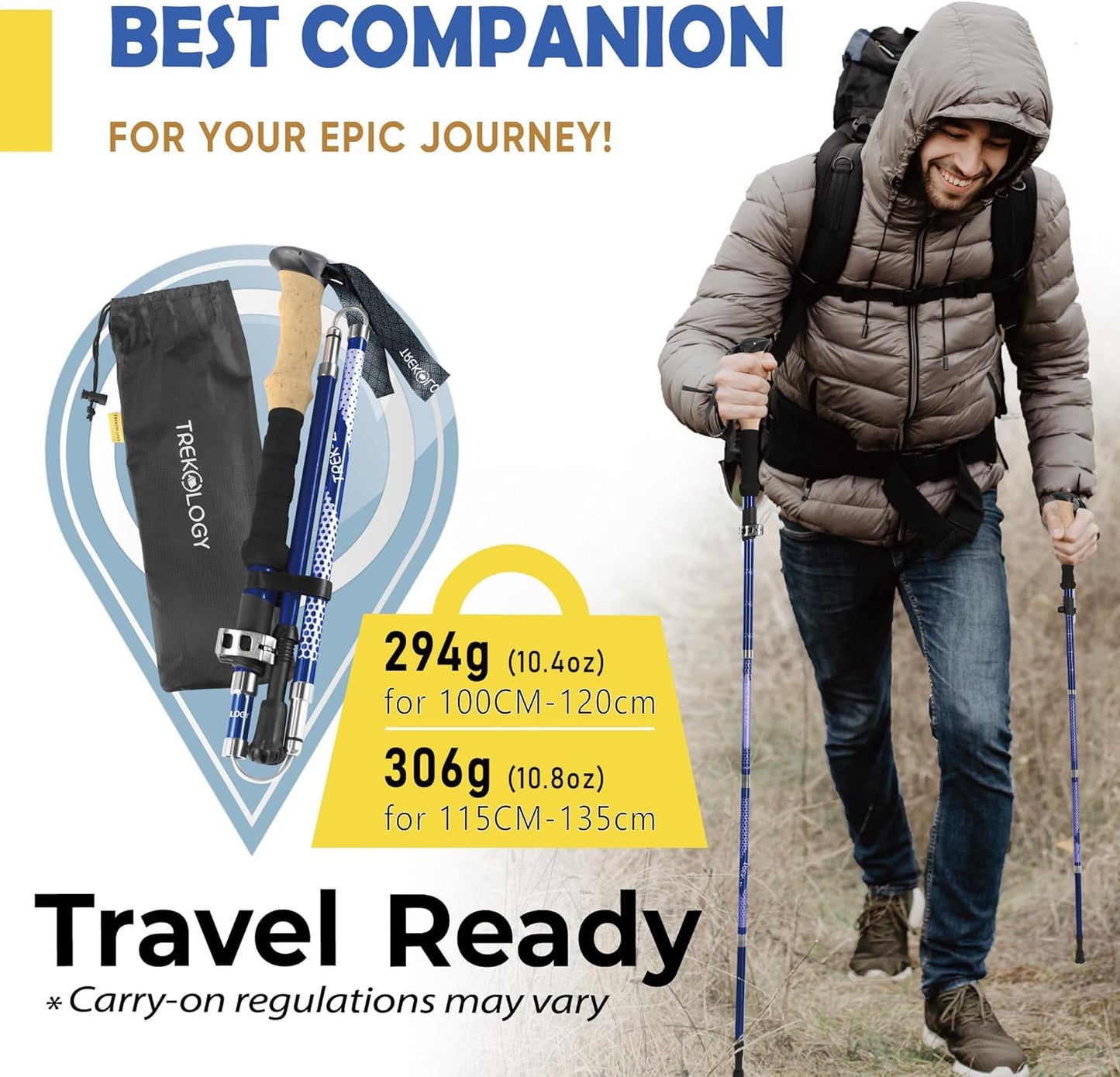 Trekology Trek-Z Collapsible Hiking & Trekking Poles - Balance Support for Seniors, Women, and Men, 2pc Per Set