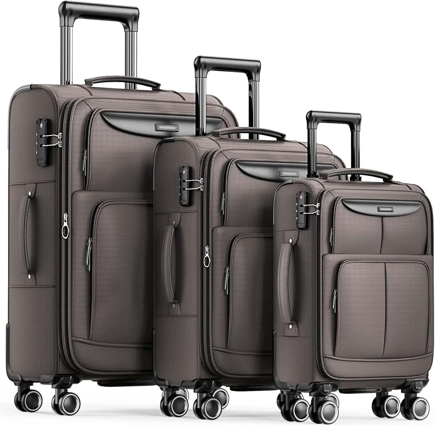 SHOWKOO Luggage Sets 3 Piece Softside Expandable Lightweight Durable Suitcase Sets Double Spinner Wheels TSA Lock Light Coffee (20in/24in/28in)