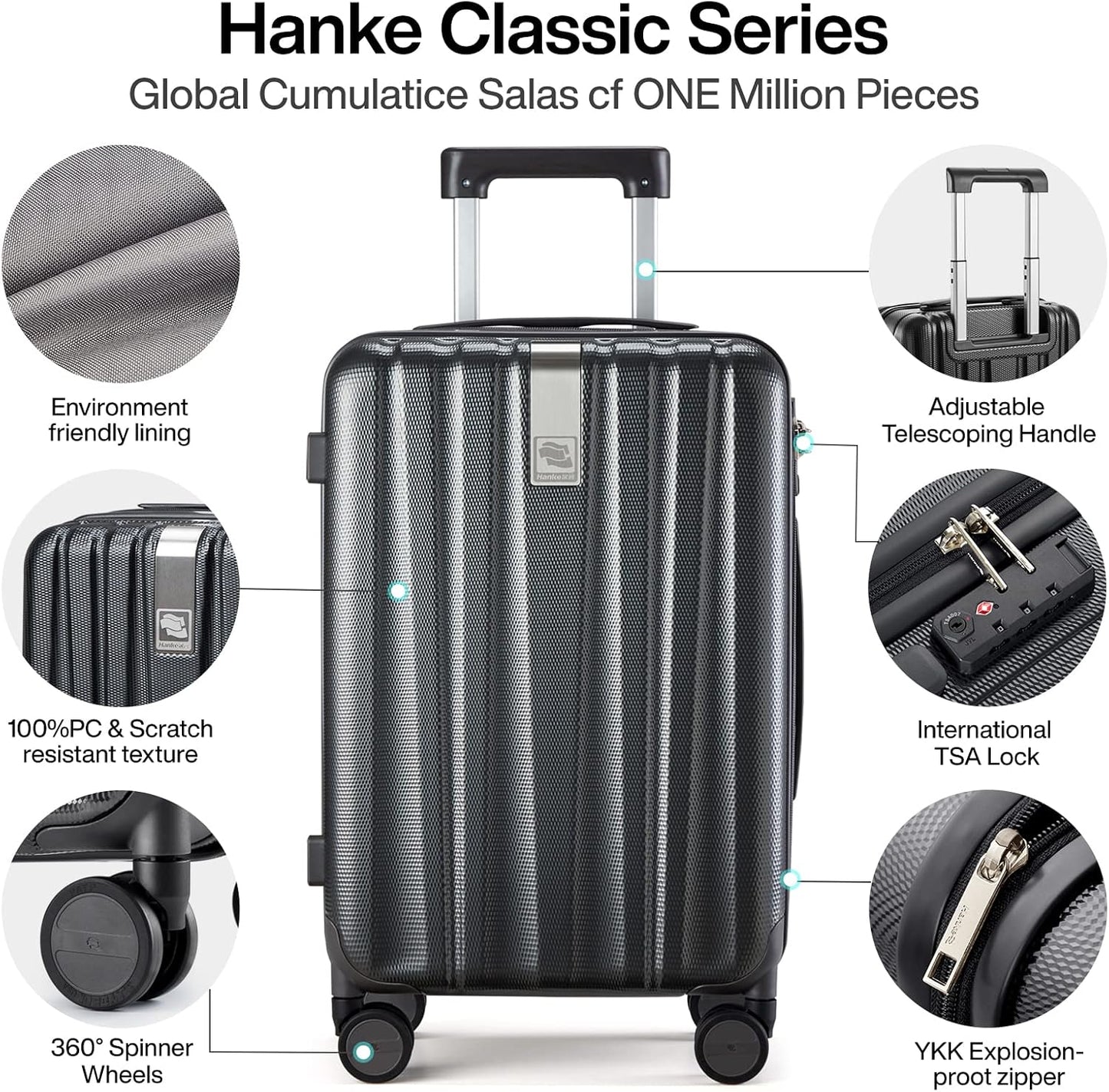 Hanke 24 Inch Luggage Suitcases With Spinner Wheels Lightweight PC Hard Shell Rolling Suitcase With Travel Lock,Checked-Medium 24-Inch(Jet Black)