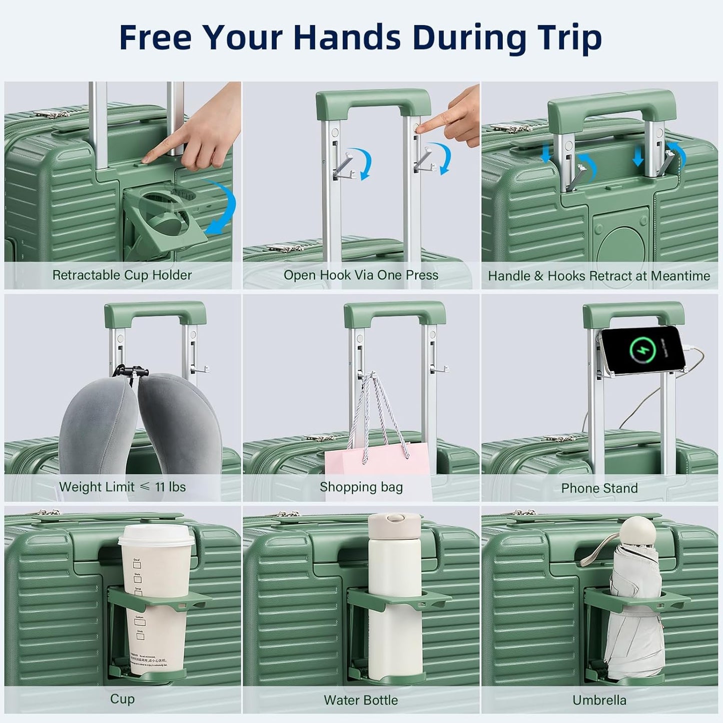 Hard Shell Suitcases Travel Expandable Luggage, 24 Inch Check in Luggage with Spinner Wheels Cup Holder Charger Built in, Checked Medium Suitcase Lightweight Suitcases, Forest Green