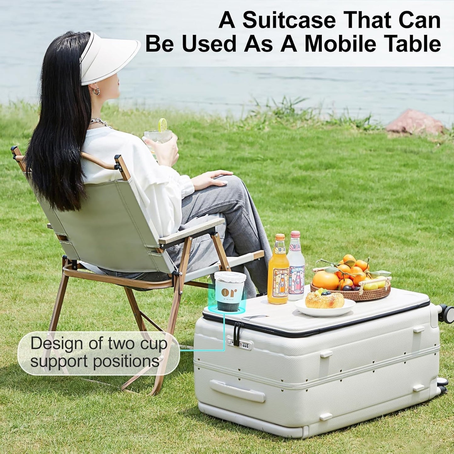 Hanke Multifunctional 26 Inch Checked Luggage Hard Shell Suitcases with Wheels Travel Trunk Style Luggage Large Rolling Suitcase for Women Men(Ivory White)