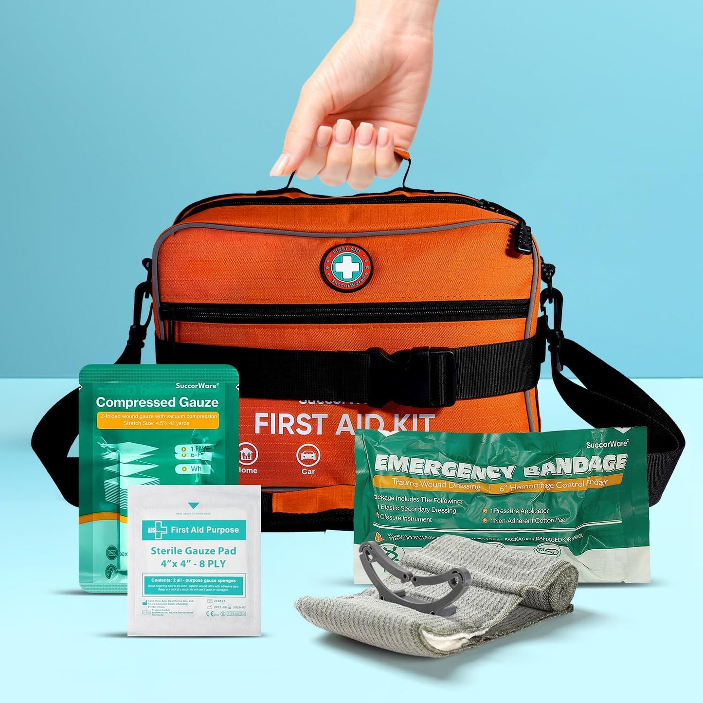 Professional 435 Pieces Large First Aid Kit - Includes CPR & Compressed Gauze - Compartments Emergency Medical Kit for Home, Camping, Backpacking, Travel, Boat, Car,Outdoors(Orange)