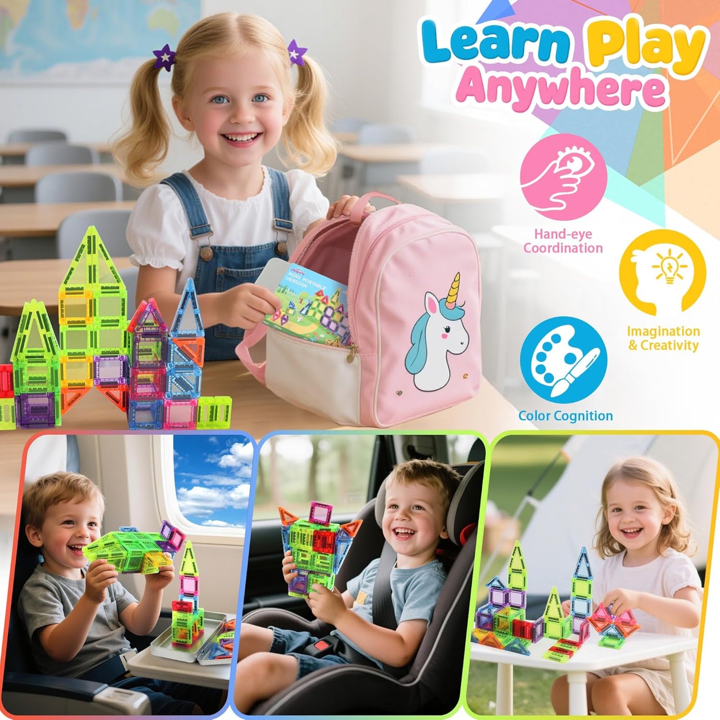 36PCS Mini Magnetic Tiles with Iron Box, Magnetic Building Blocks Travel Size for Kids, STEM Educational Toys Birthday Gifts for 3 4 5 6 7 Year Old Boys Girls Children