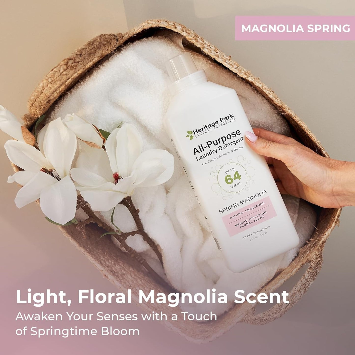 Heritage Park Luxury Laundry Detergent | Dermatologist Tested Plant based Natural & Enzyme Laundry Detergent | Sensitive Skin Friendly - Spring Magnolia (32 fl oz)