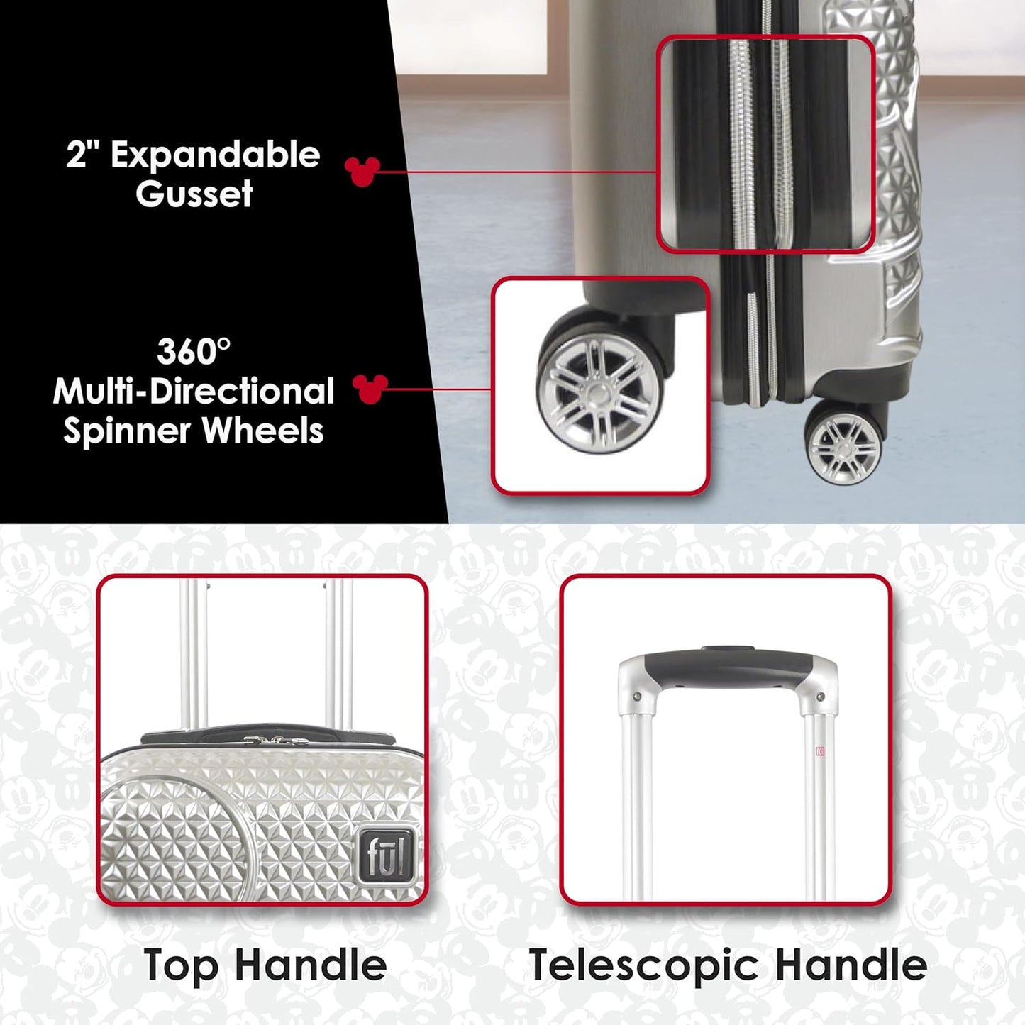 ful Disney Mickey Mouse 21 Inch Carry On Luggage, Hardside Rolling Suitcase with Spinner Wheels, Silver