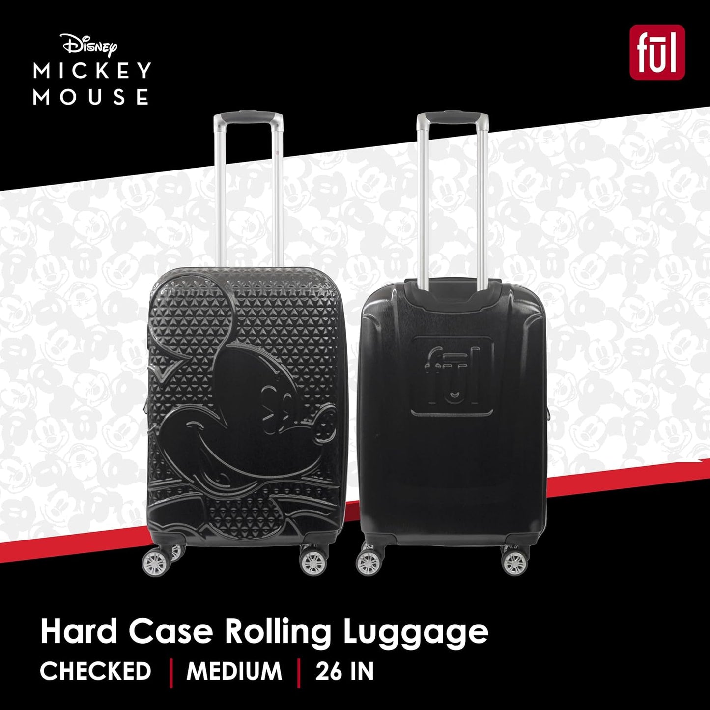 FUL Disney 26 Inch Rolling Luggage, Hardshell Suitcase with Spinner Wheels, Mickey Mouse-Black