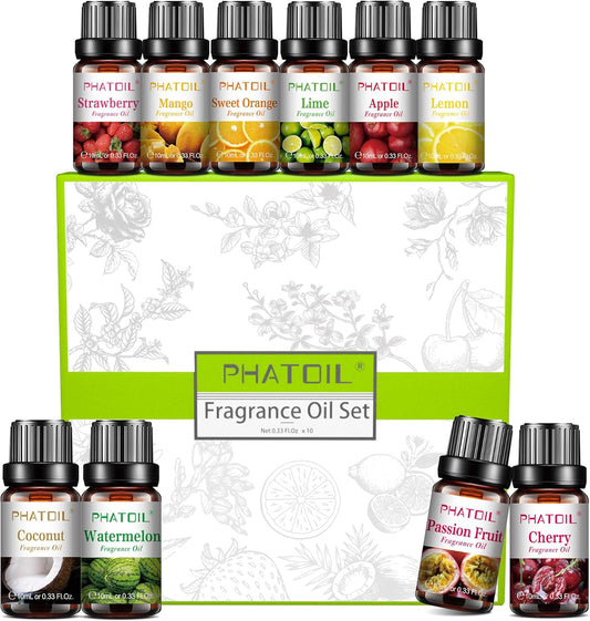 PHATOIL 10pc Fruity Fragrance Oil Set - Coconut, Cherry, Apple, Strawberry, Mango Candle & Soap Scents, Diffuser Oil Set