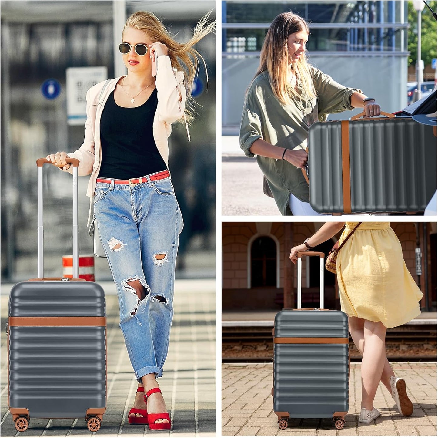 Kono Airline Approved Carry On Luggage 22x14x9 inches, with TSA Lock, 20 Inch Expandable Lightweight Hardshell Suitcase (Grey brown, Suitable for 1-3 Days of Travel)