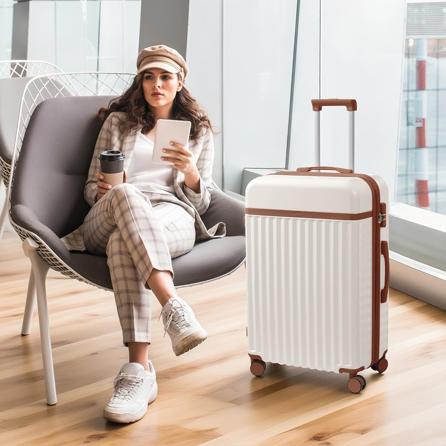 Merax Luggage Sets, Durable Hardshell 3 Piece Suitcase with Double Spinner Wheels and Handle Bags,Lightweight Carry on Luggage with TSA Lock,20+24+28 inches,White and Brown