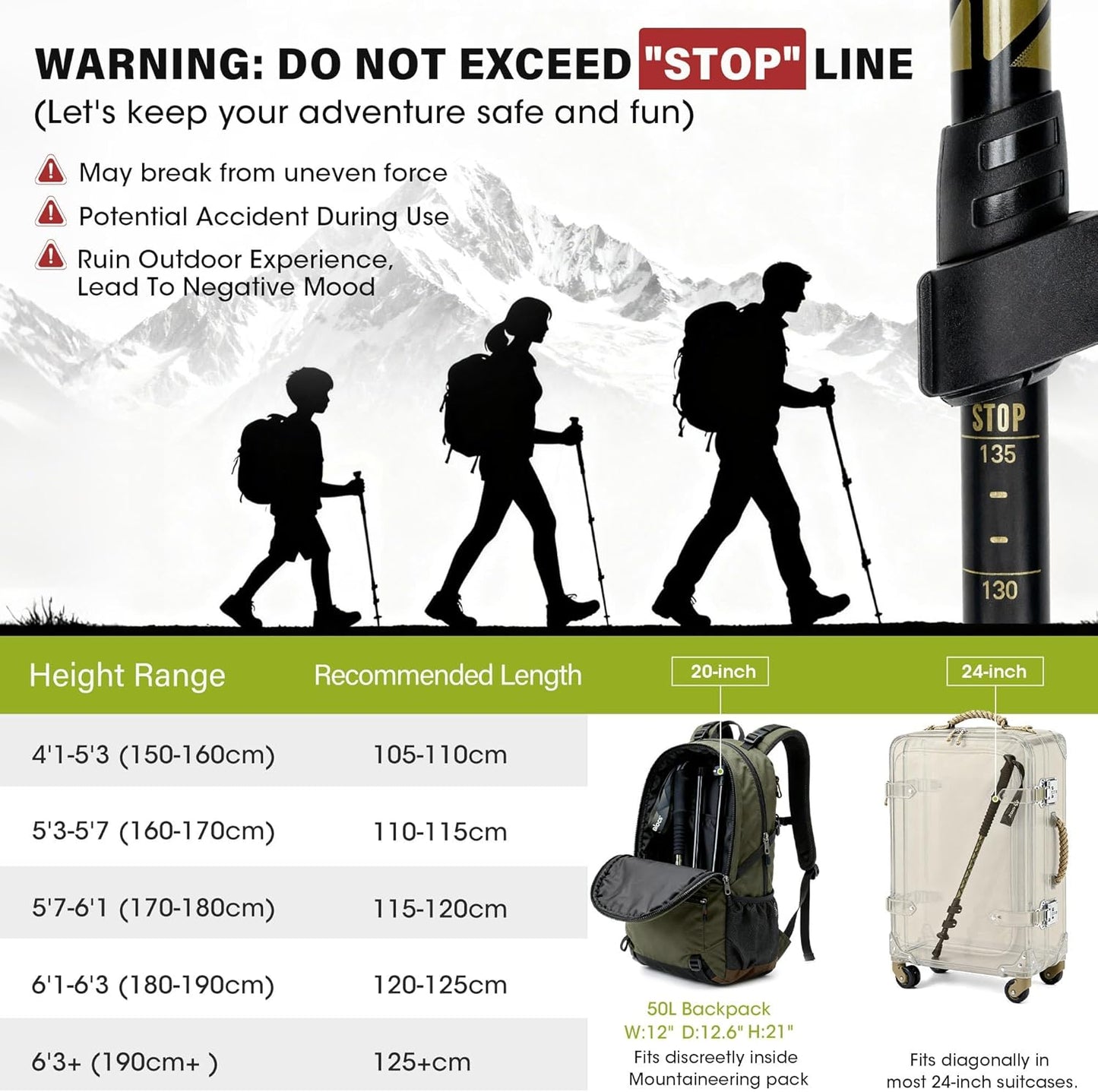Alocs Lightweight Walking Stick - 7075 Aluminum Hiking Stick - Collapsible Trekking Hiking Pole with Flip Locks and EVA Grip - Backpacking Gear for Camping, Climbing, Emergency