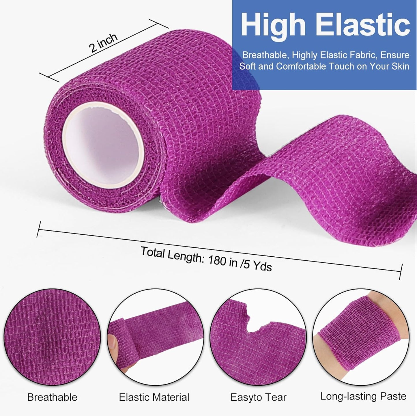 24 Pack 2 Inch x 5 Yards Self Adhesive Bandage Wrap, Elastic Cohesive Wrap 2 inch Vet Wrap Bandage Tape, Purple Grip Tape for Athletic, Sports, Wrist, Ankle Sprains