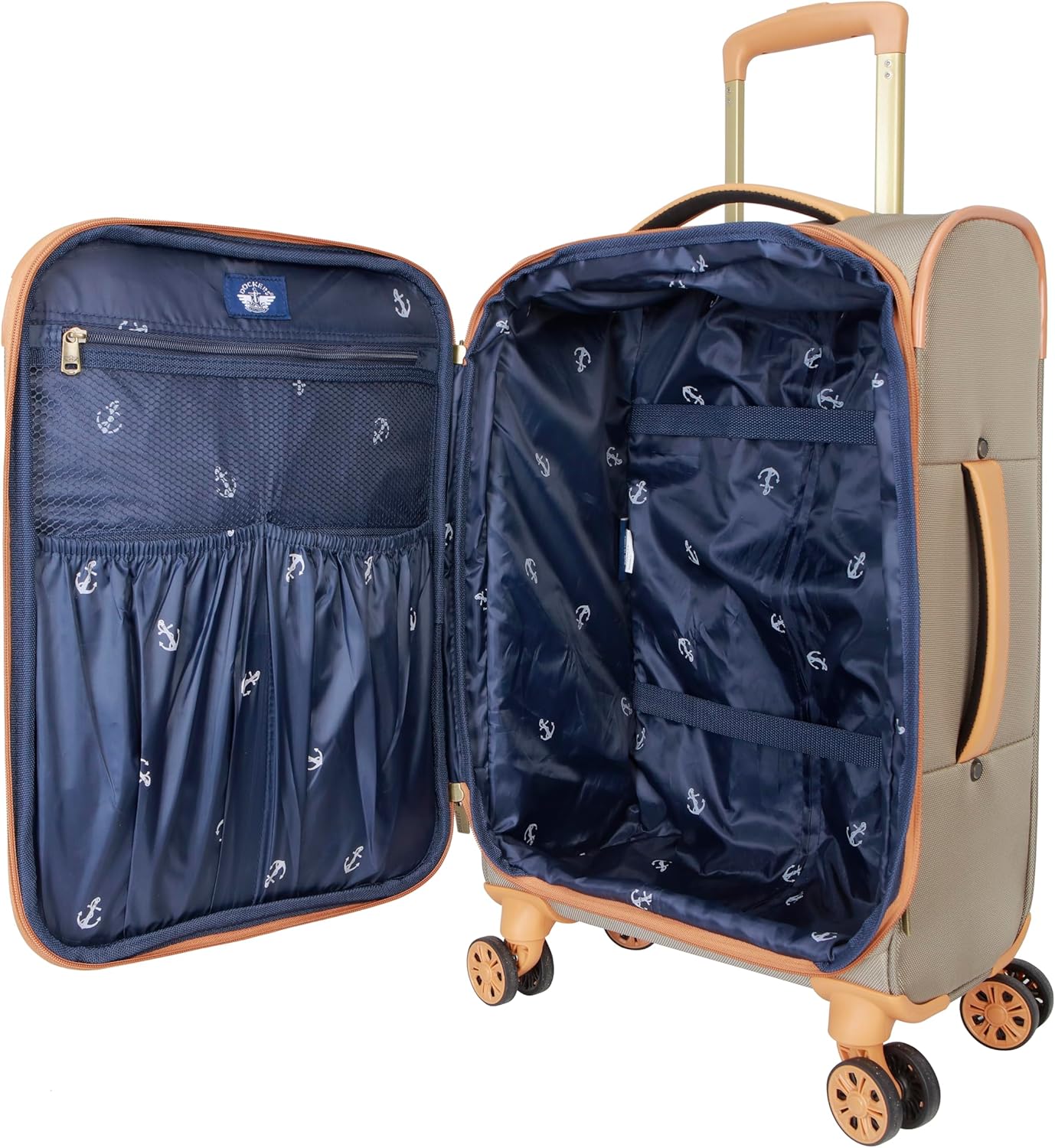 Dockers Seahorse Softside Expandable 8-Wheel Spinner Travel Luggage, New British Khaki, 20-Inch Carry On