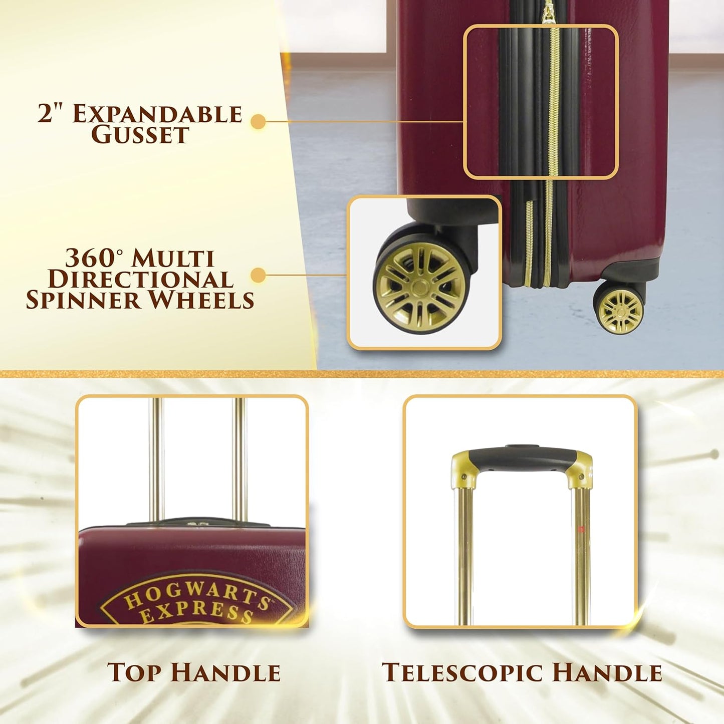 FUL Harry Potter 21 Inch Carry On Luggage, Hogwarts Express Hardshell Rolling Suitcase with Spinner Wheels, Burgundy