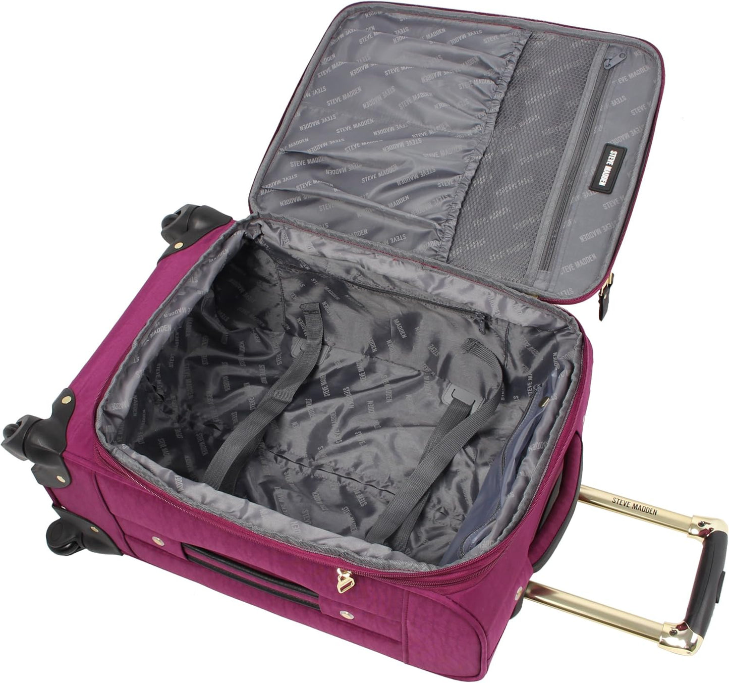 Steve Madden Designer Luggage - Checked Large 28 Inch Softside Suitcase - Expandable for Extra Packing Capacity - Lightweight Bag with Rolling Spinner Wheels (Peek-A-Boo Purple)