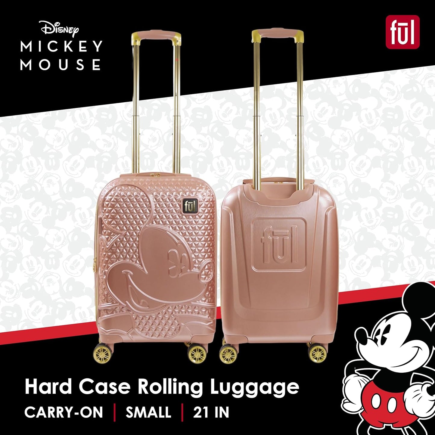 FUL Disney Mickey Mouse 21 Inch Carry On Luggage, Hardshell Rolling Suitcase with Spinner Wheels, Rose Gold