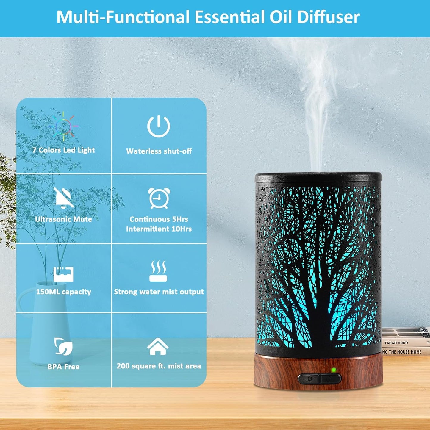 Essential Oil Diffuser - 150ML Metal Aromatherapy Diffuser for Essential Oils with 7 Colors Lights Gifts for Mom Waterless Auto Shut-Off & Ultrasonic Cool Mist Diffuser, Ambience for Home