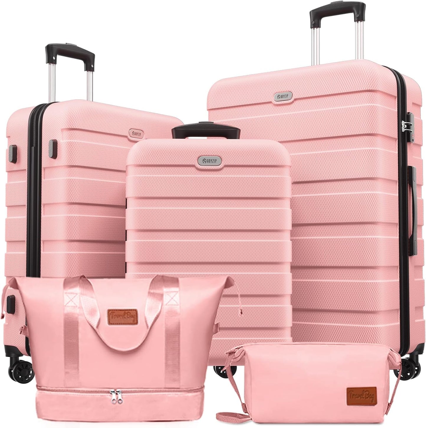 AnyZip Luggage Set 5 Piece PC ABS Hardshell Lightweight Suitcases for Travelling with 4 Universal Wheels TSA Lock Carry on Suitcase Pink