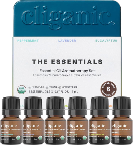 Cliganic Organic Aromatherapy Essential Oils Set (Top 6 - The Essentials), 100% Pure Natural - Peppermint, Lavender, Eucalyptus, Tea Tree, Lemongrass & Orange (Packaging May Vary)