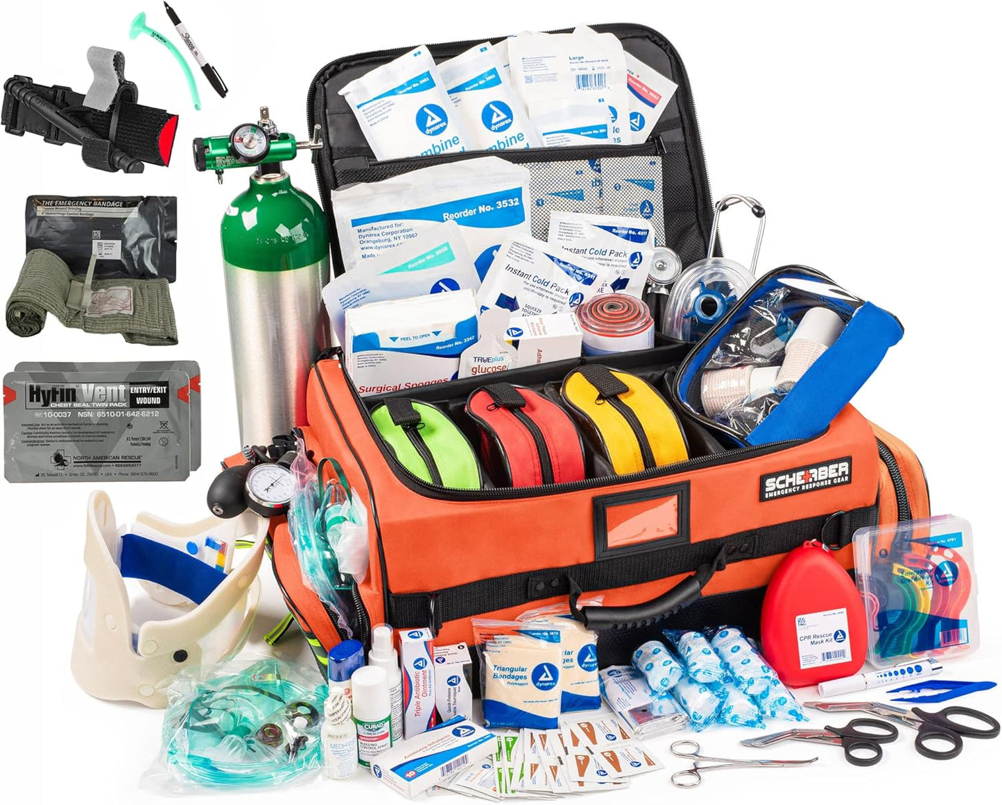 Scherber Fully-Stocked Premium First Responder Bag | HSA/FSA Approved | Large Pro EMT/EMS Trauma, Bleeding & Oxygen Medical Kit | CAT Tourniquet, HyFin Chest Seal & 260+ First Aid Supplies (Orange)