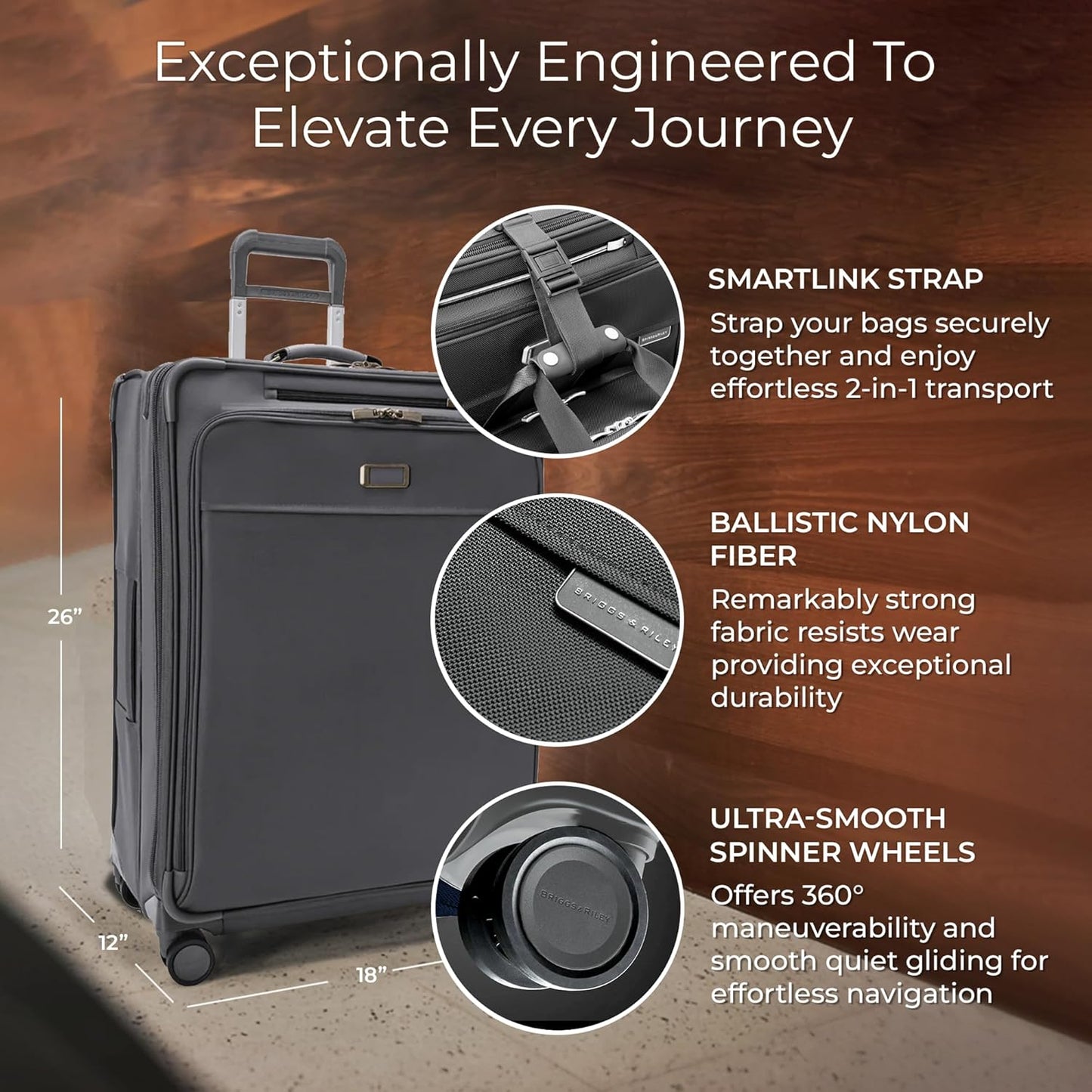 Briggs & Riley 26" Medium Expandable Spinner - Checked Luggage for Travel, Suitcases with Wheels, Softside Rolling Bag for Men & Women, Self-Repairing Zipper - Baseline Collection, Steel Gray