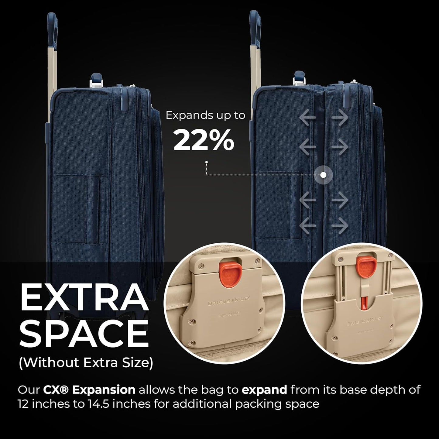 Briggs & Riley 26" Medium Expandable Spinner - Checked Luggage for Travel, Suitcases with Wheels, Softside Rolling Bag for Men & Women, Self-Repairing Zipper - Baseline Collection, Navy