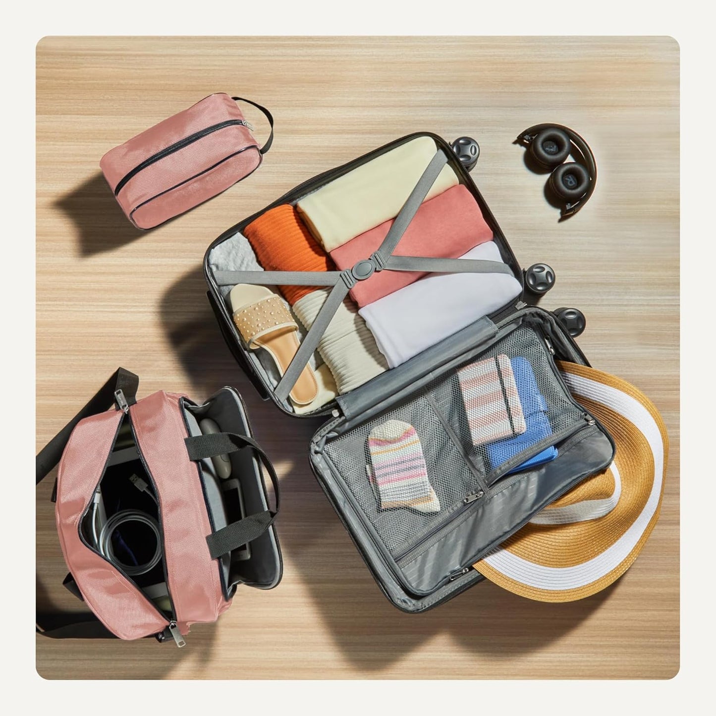 Amazon Basics 3-Piece Luggage Set, Including One Carry-On Luggage (22" Expandable Hardside Suitcase With 8 Spinner Wheels), One 15-inch Tote Bag, and One 10-inch Compact Travel Bag, Rose Gold