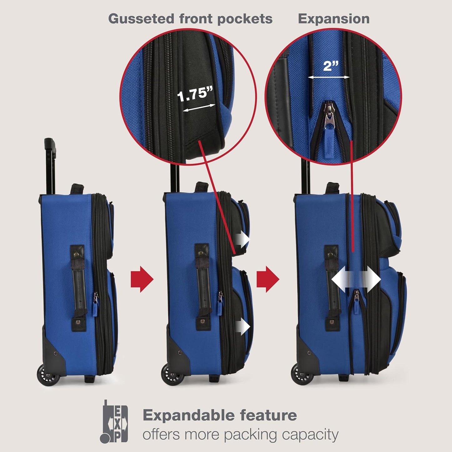 U.S. Traveler, Rio Rugged Fabric Expandable Upright Rolling Carry-on Luggage Set w/ Tote Bag, Blue, 2-Piece (21/14)