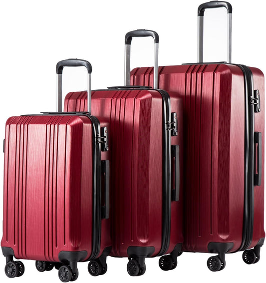Coolife Luggage 3 Piece Set PC+ABS Hardshell Suitcases with TSA Lock, Spinner Lightweight (wine red, 3 piece set)