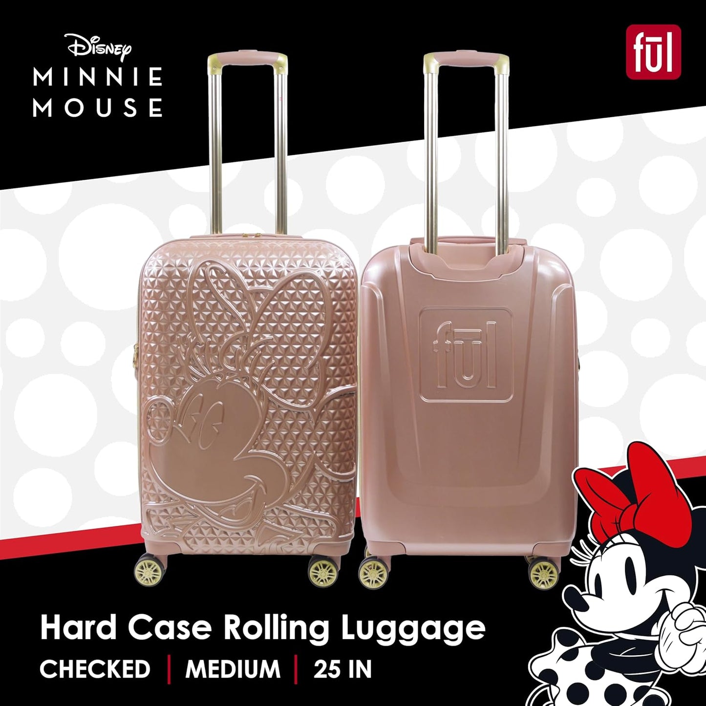 FUL Disney Rolling Luggage, Textured Hardshell Suitcase with Wheels, Minnie Mouse-Rose Gold, 25 Inch