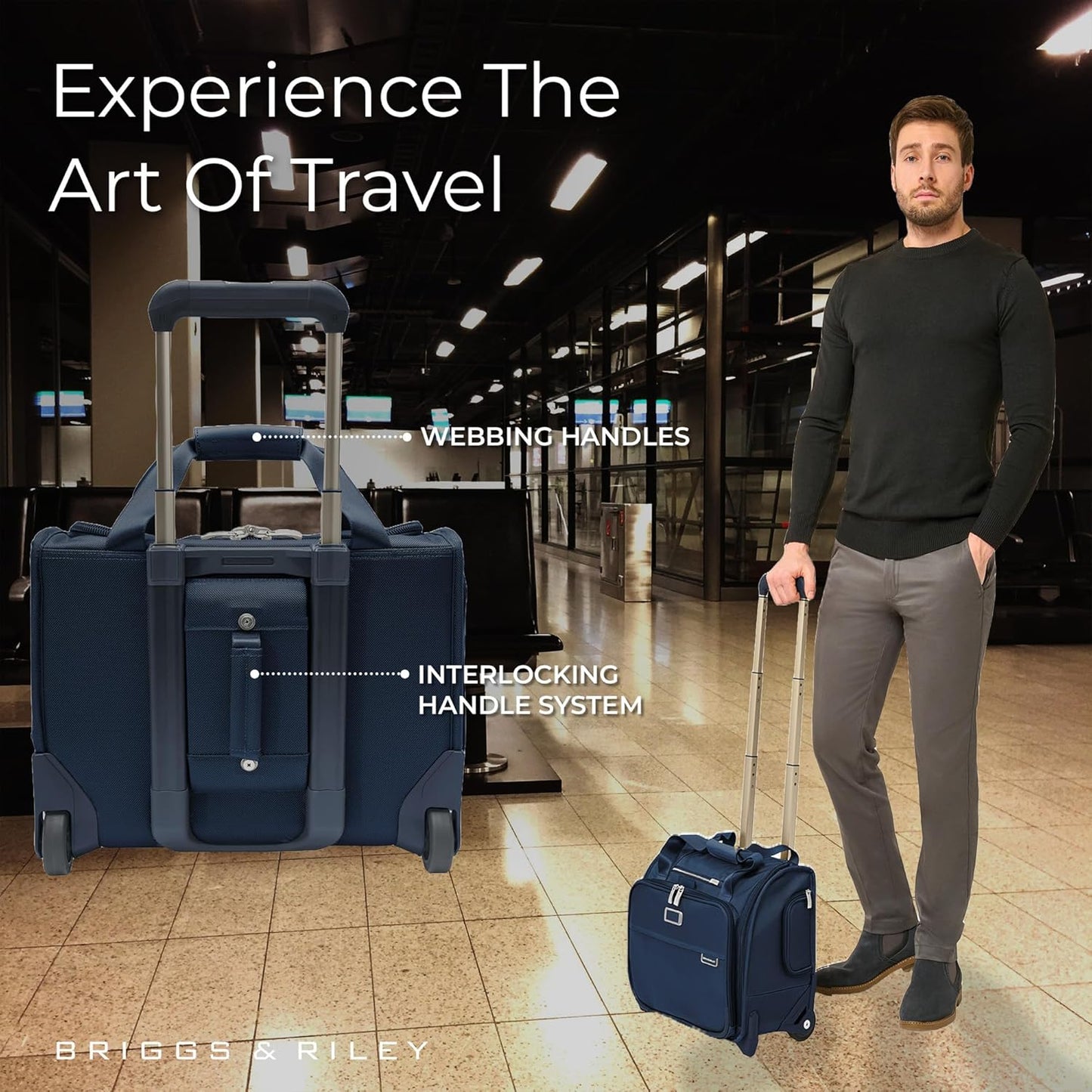 Briggs & Riley 2-Wheel Cabin Bag - Carry On Luggage for Travel, Suitcases with Wheels, Softside Rolling Bag for Men & Women, Interlocking Handle, Self-Repairing Zipper - Baseline Collection, Navy