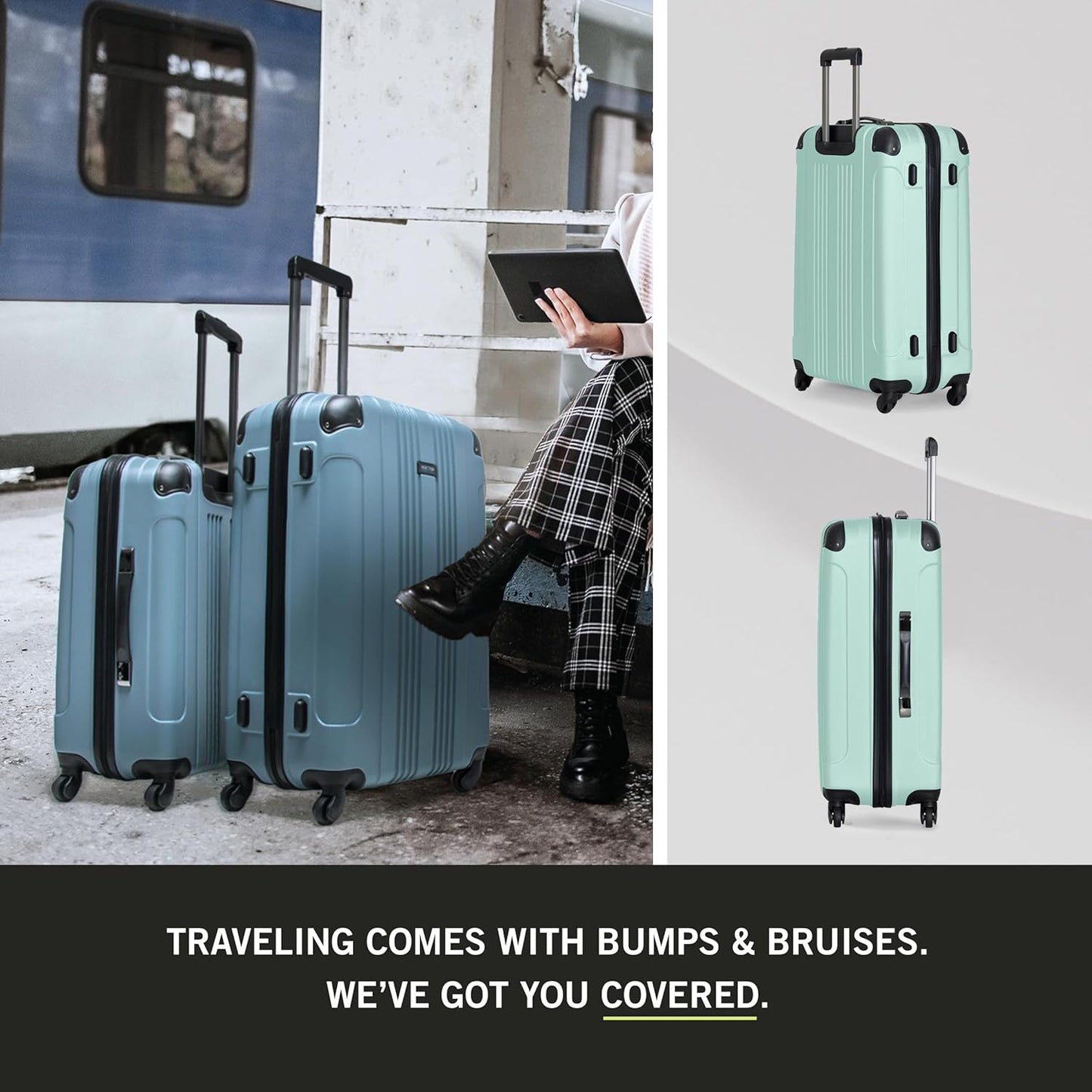 Kenneth Cole REACTION Out of Bounds Lightweight Hardshell 4-Wheel Spinner Luggage, Mint Blue, 28-Inch Carry On