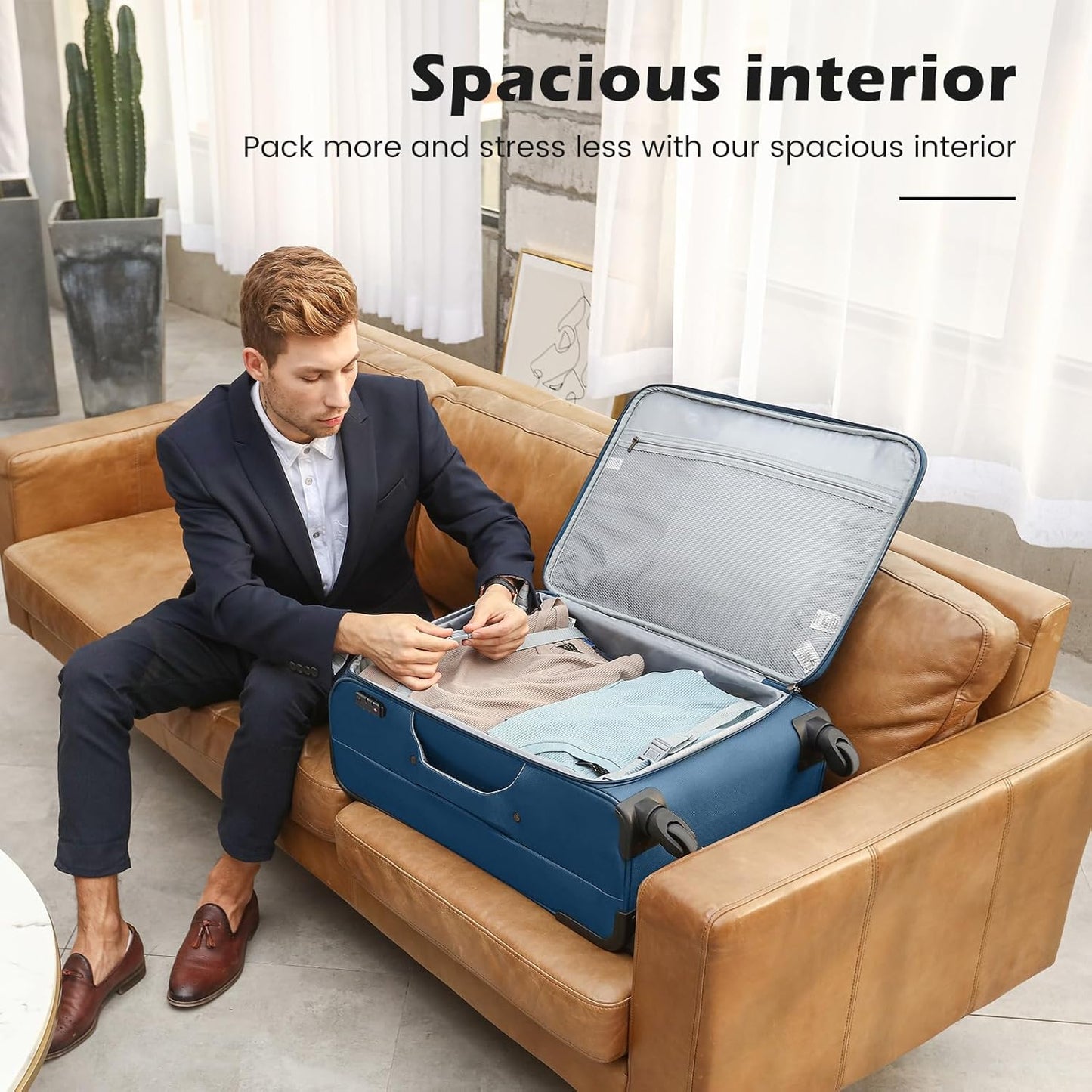 Coolife Luggage 4 Piece Set Suitcase TSA Lock Spinner Softshell lightweight(black+blue)