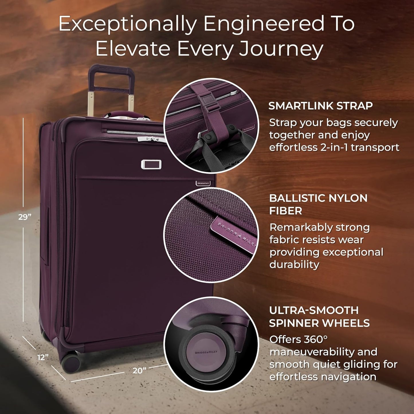 Briggs & Riley 29" Large Expandable Spinner - Checked Luggage for Travel, Suitcases with Wheels, Softside Rolling Bag for Men & Women, Self-Repairing Zipper - Baseline Collection, Plum