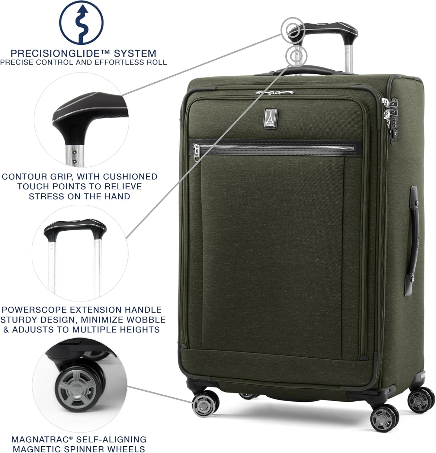 Travelpro Platinum Elite Softside Expandable Checked Luggage, 8 Wheel Spinner Large Suitcase, TSA Lock, Men and Women, Pilot Green, Checked Large 29-Inch