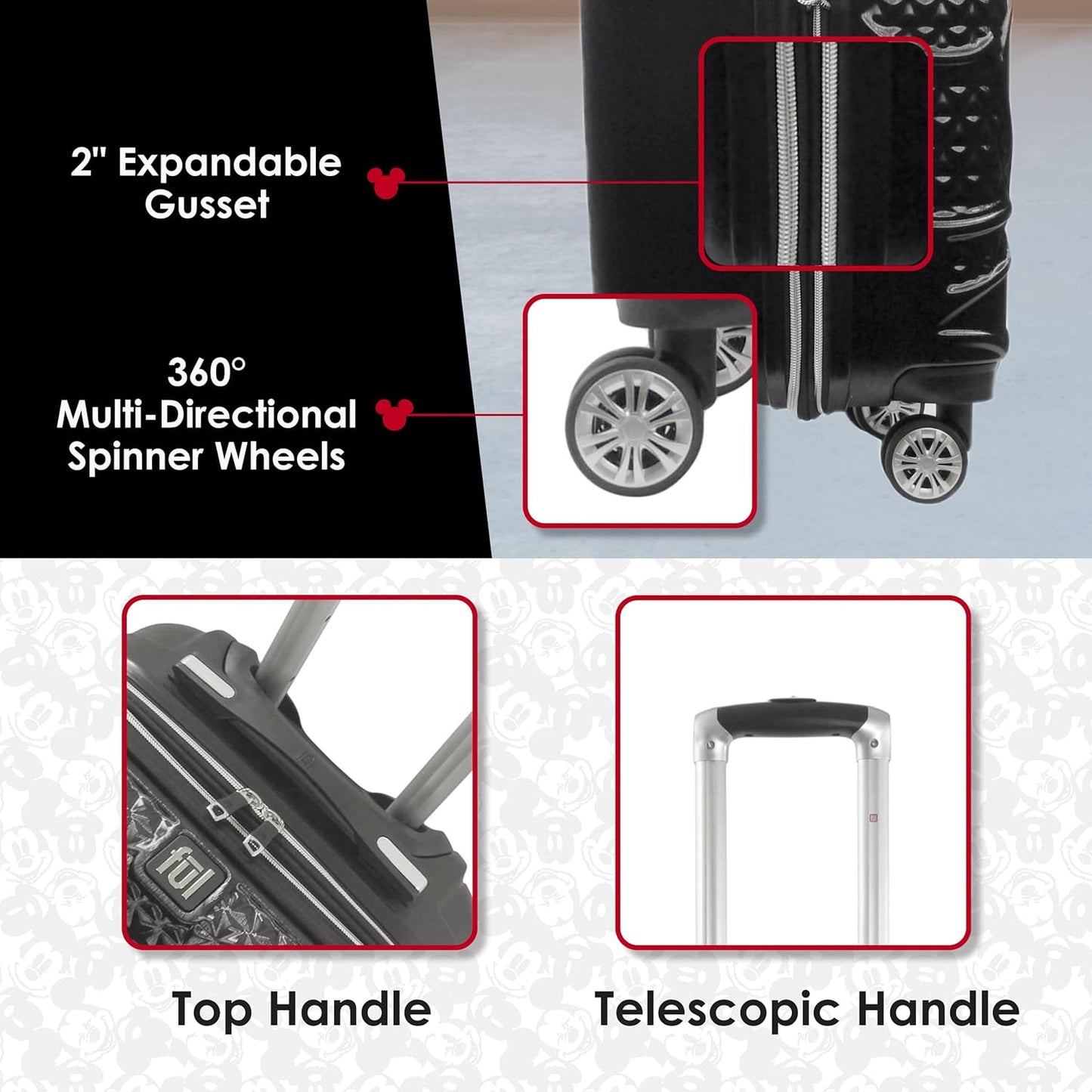 FUL Disney Mickey Mouse 22 Inch Carry On Luggage, Hardshell Rolling Suitcase with Spinner Wheels, Black