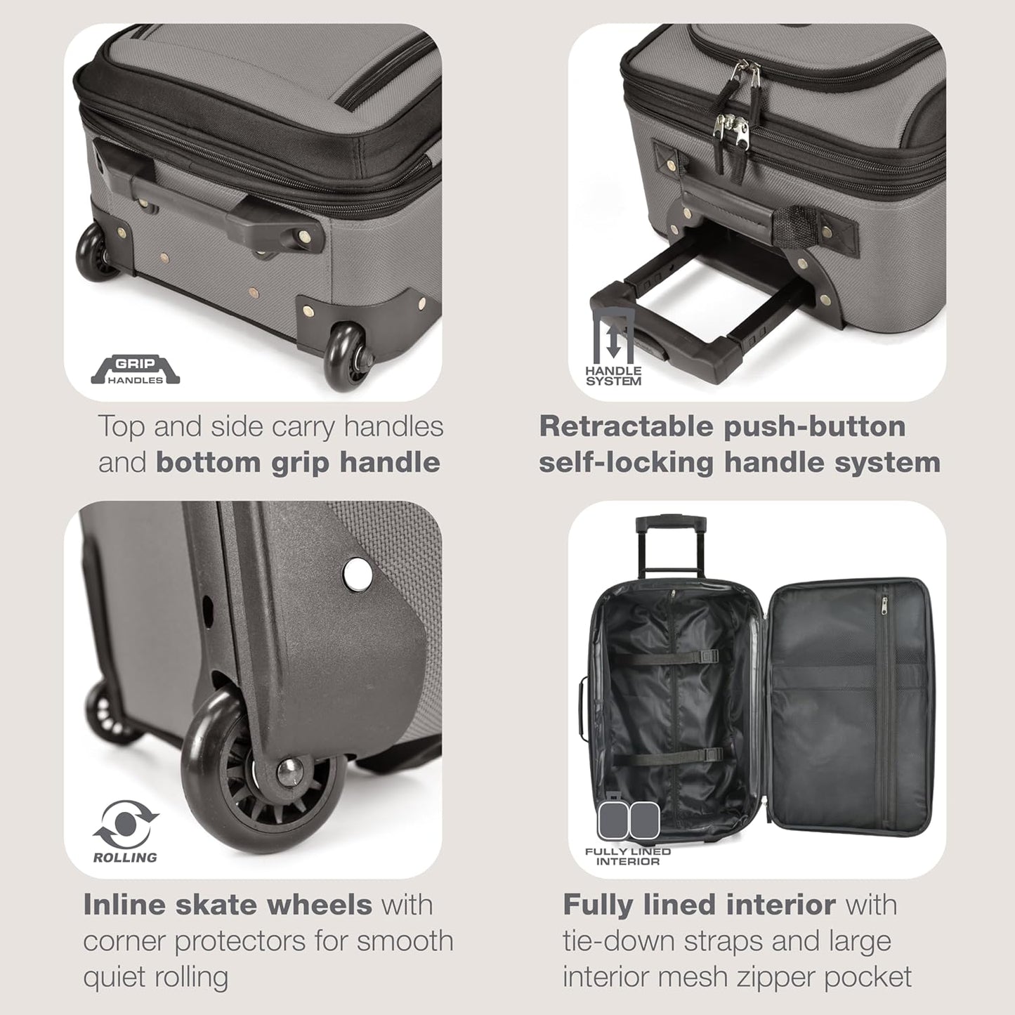 U.S. Traveler, Rio Rugged Fabric Expandable Upright Rolling Carry-on Luggage Set w/Tote Bag, Grey, 2-Piece (21/14)