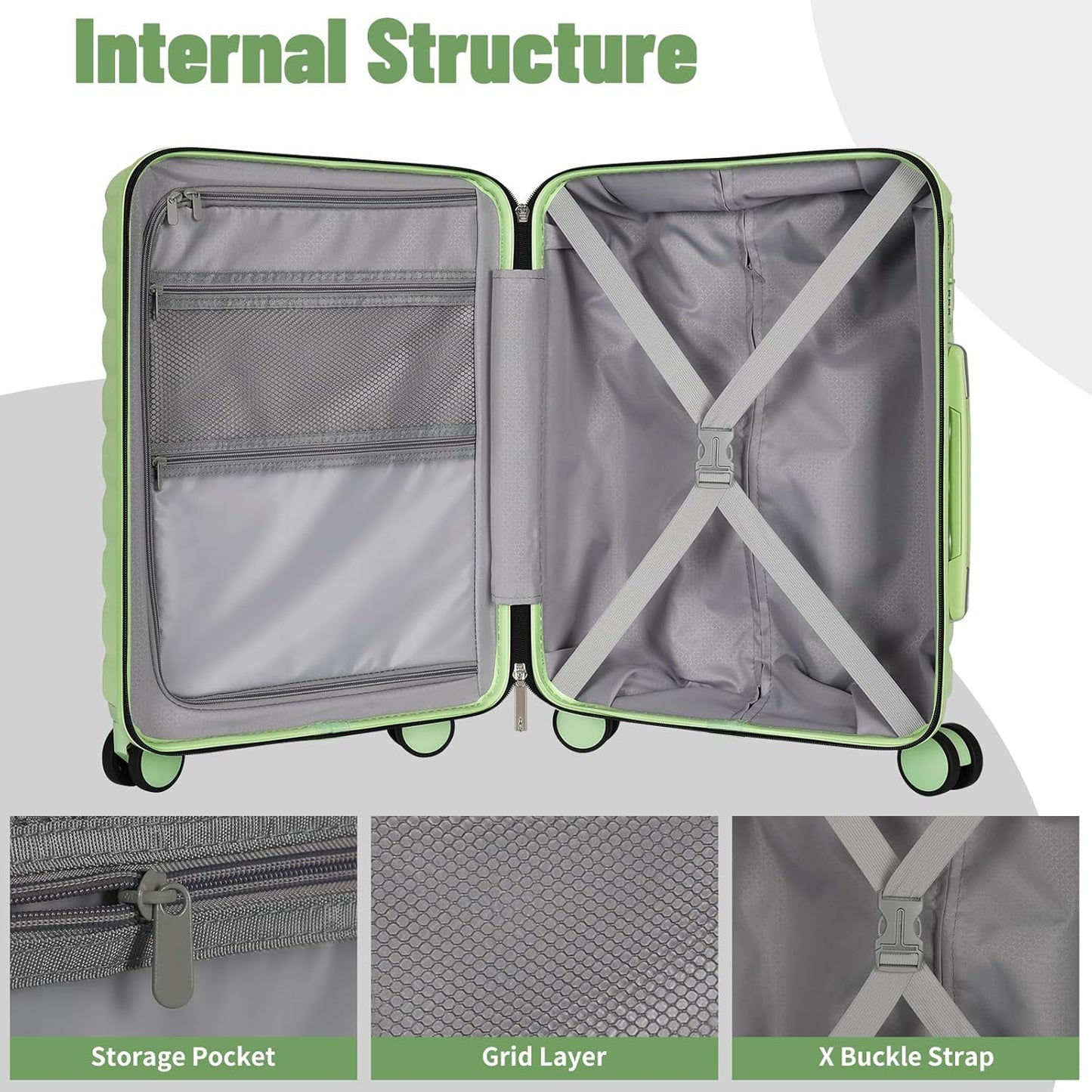 Lightweight Luggage with Spinner Wheels & YKK Zipper, 3-Piece Travel Suitcase ABS+PC Hardshell Luggage Set with TSA Lock, Light Avocado Green (20+24+28 inch)