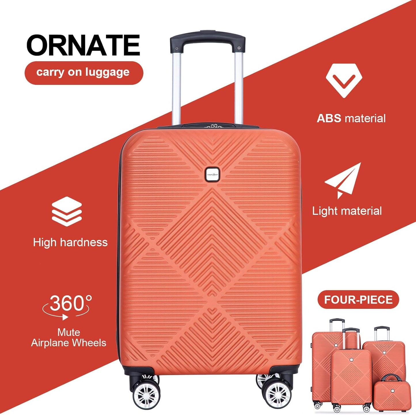 Luggage 4 Piece Set, Hardshell ABS Suitcase Set with Double Spinner Wheels, Lightweight Suitcase, Carry On and Checked Travel Luggage, Dark orange
