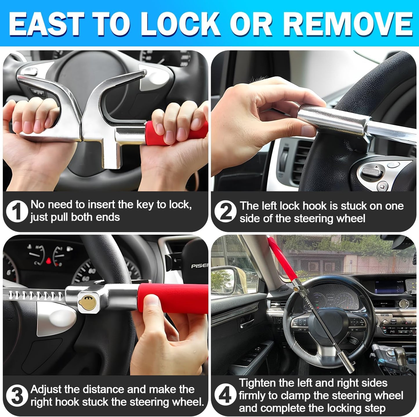 MONOJOY Steering Wheel Lock - Adjustable Antitheft Car Device Locks, Universal Volante Prevention Accessory, with 3 Keys and Escape Hammer for Truck SUV Van Security, Vehicle Immobilizer System