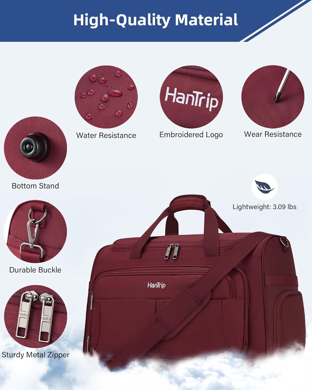 Carry on Duffel Bag Foldable Duffle Bags for Travel, Large Personal Item Bags for Airplanes, Weekender Overnight Mens Travel Tote Bag for Women Softside Carry on Luggage (Burgundy)