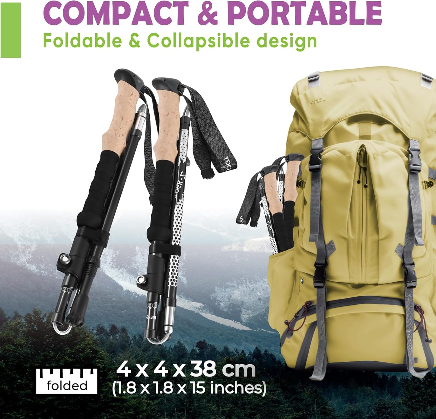 Trekology Trek-Z Collapsible Hiking & Trekking Poles - Balance Support for Seniors, Women, and Men, 2pc Per Set